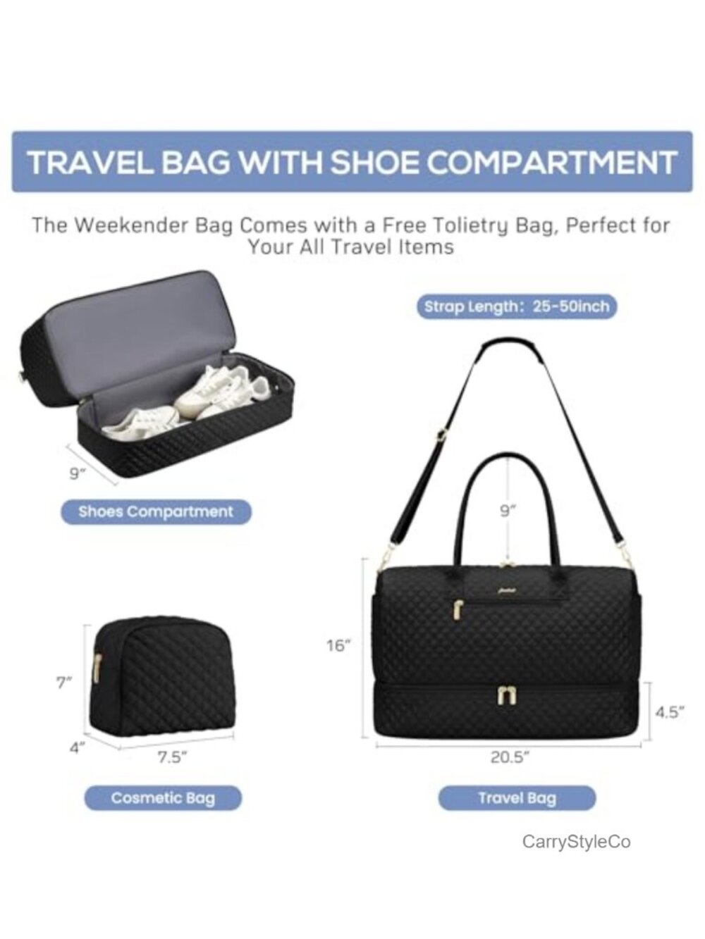 Travel Weekender Bag Duffle with Shoe Compartment Carry On - Picture 2 of 5